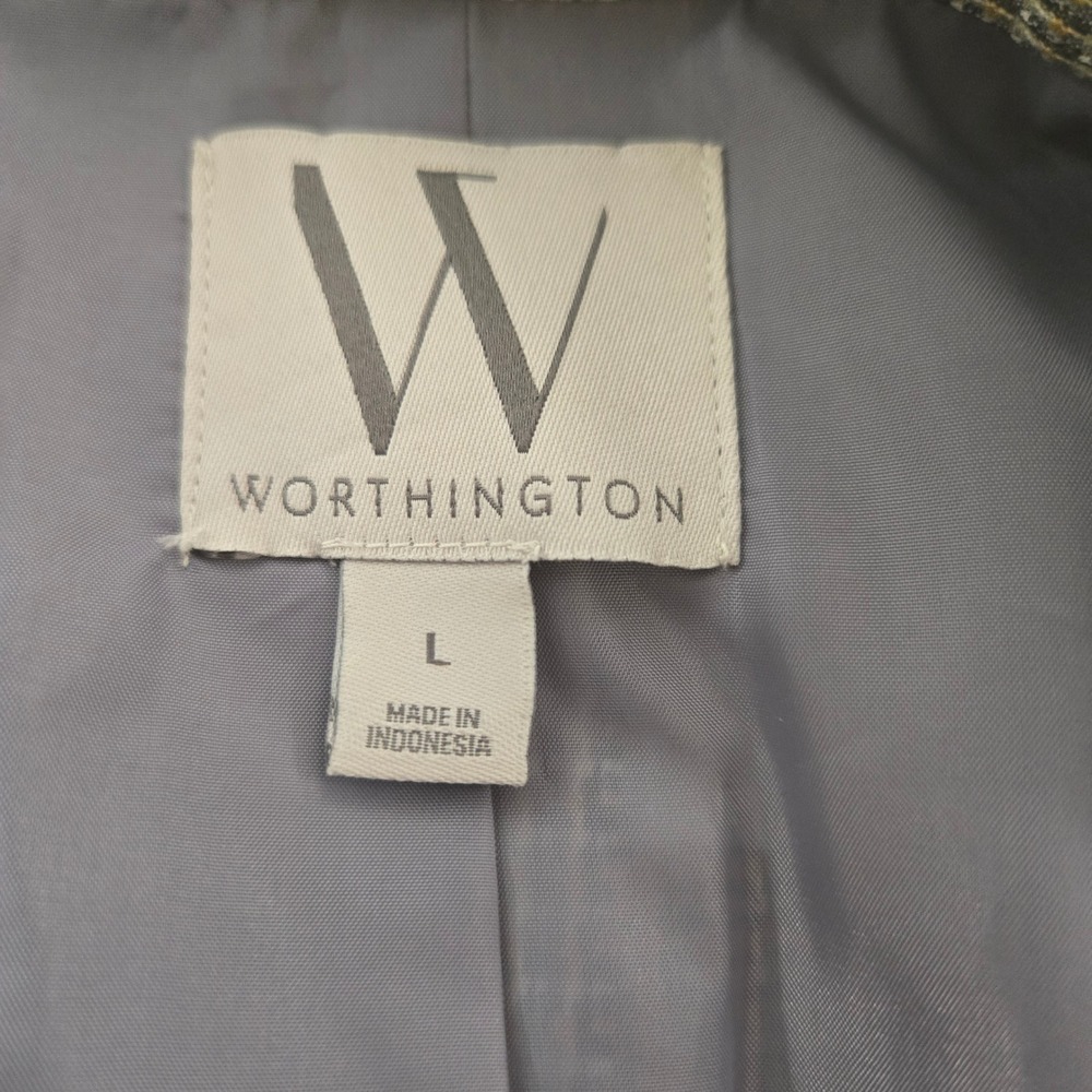 Worthington Womens Blazer Large Grey Yellow Plaid Houndstooth Open Front Jacket - Picture 2 of 8